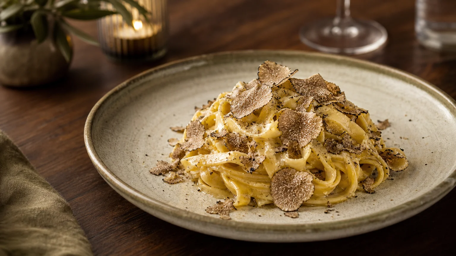 Fresh pasta finished with truffle in an elegant restaurant setting