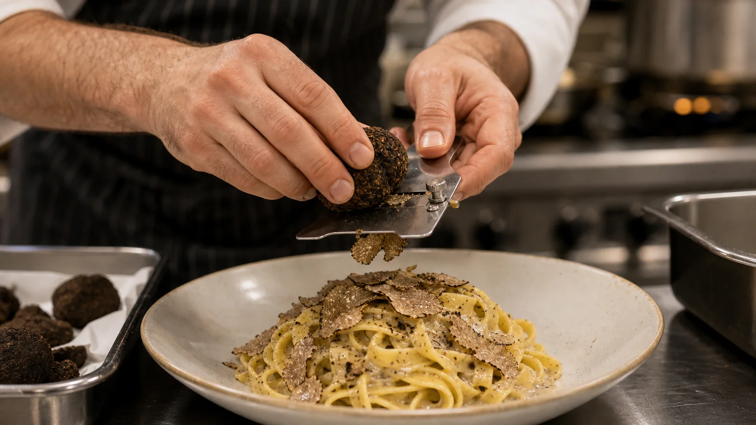 Chef finishing fresh pasta with truffle in a restaurant kitchen