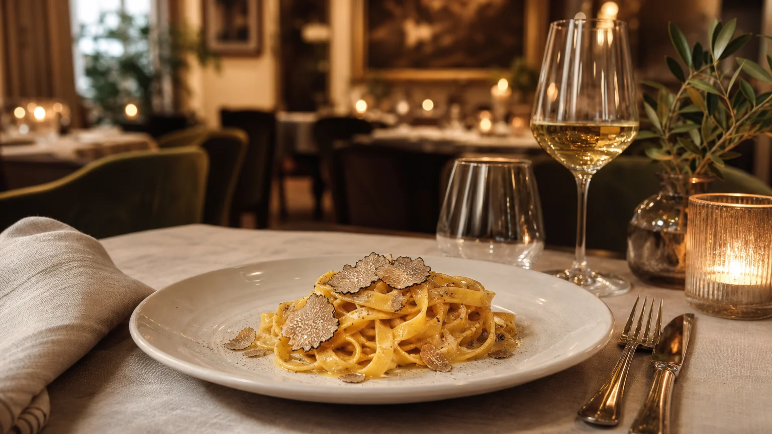 Refined Italian pasta dinner in a warm elegant restaurant