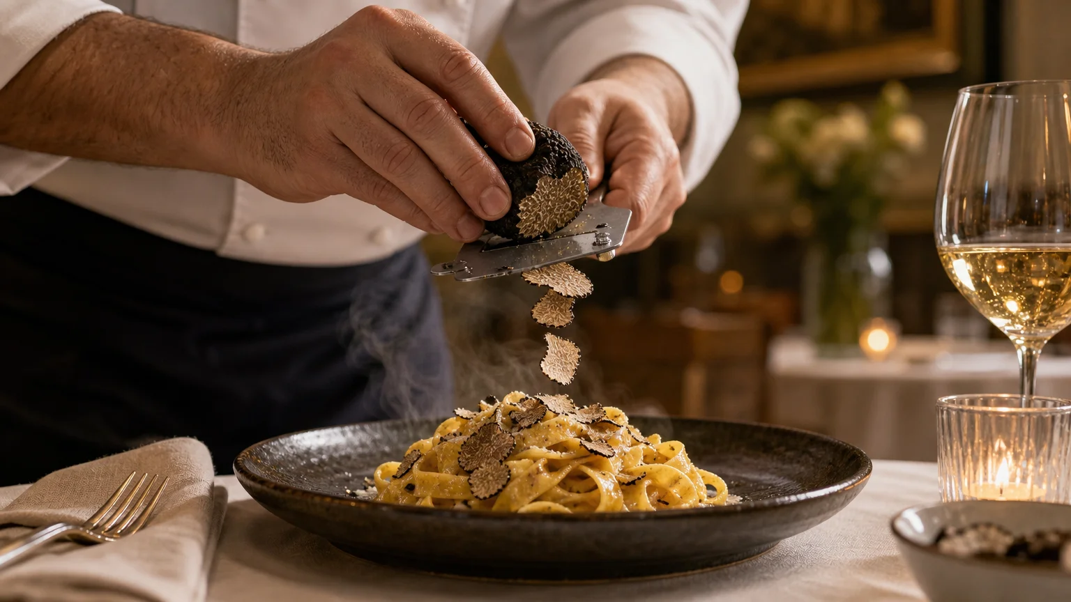 Fresh Italian pasta finished with truffle in an elegant dinner setting